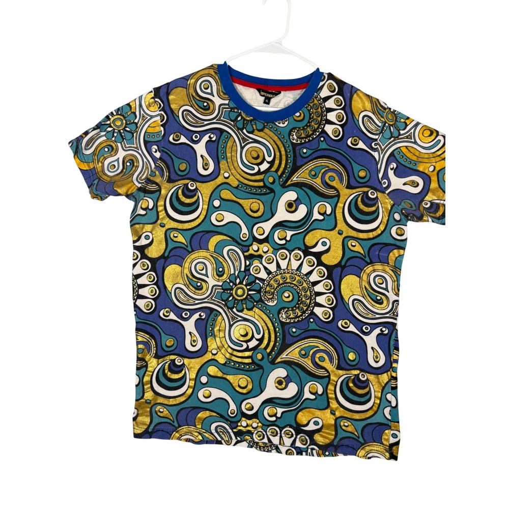 Imperious Mens XL Psychedelic All Over Print T-Shirt Trippy Metallic Gold  Y2K